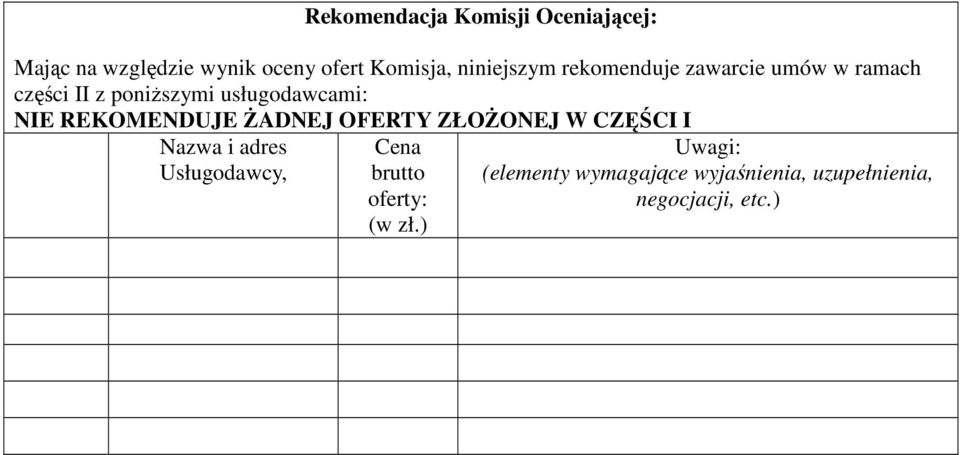 NIE REKOMENDUJE ŻADNEJ OFERTY ZŁOŻONEJ W CZĘŚCI I Nazwa i adres Usługodawcy, Cena