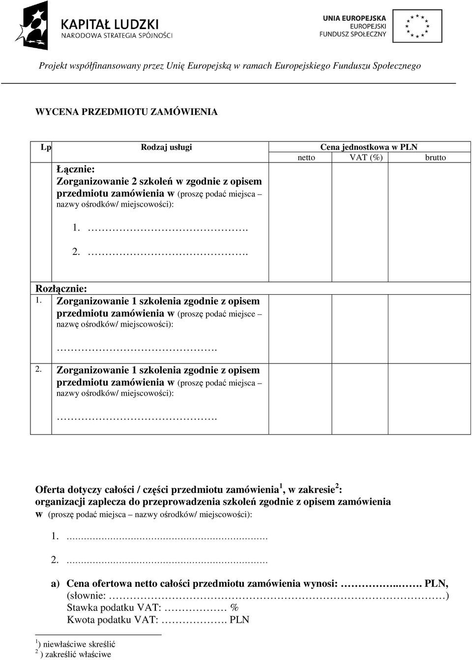 Zorganizowanie 1 szkolenia zgodnie z opisem przedmiotu zamówienia w (proszę podać miejsce nazwę ośrodków/ miejscowości):. 2.