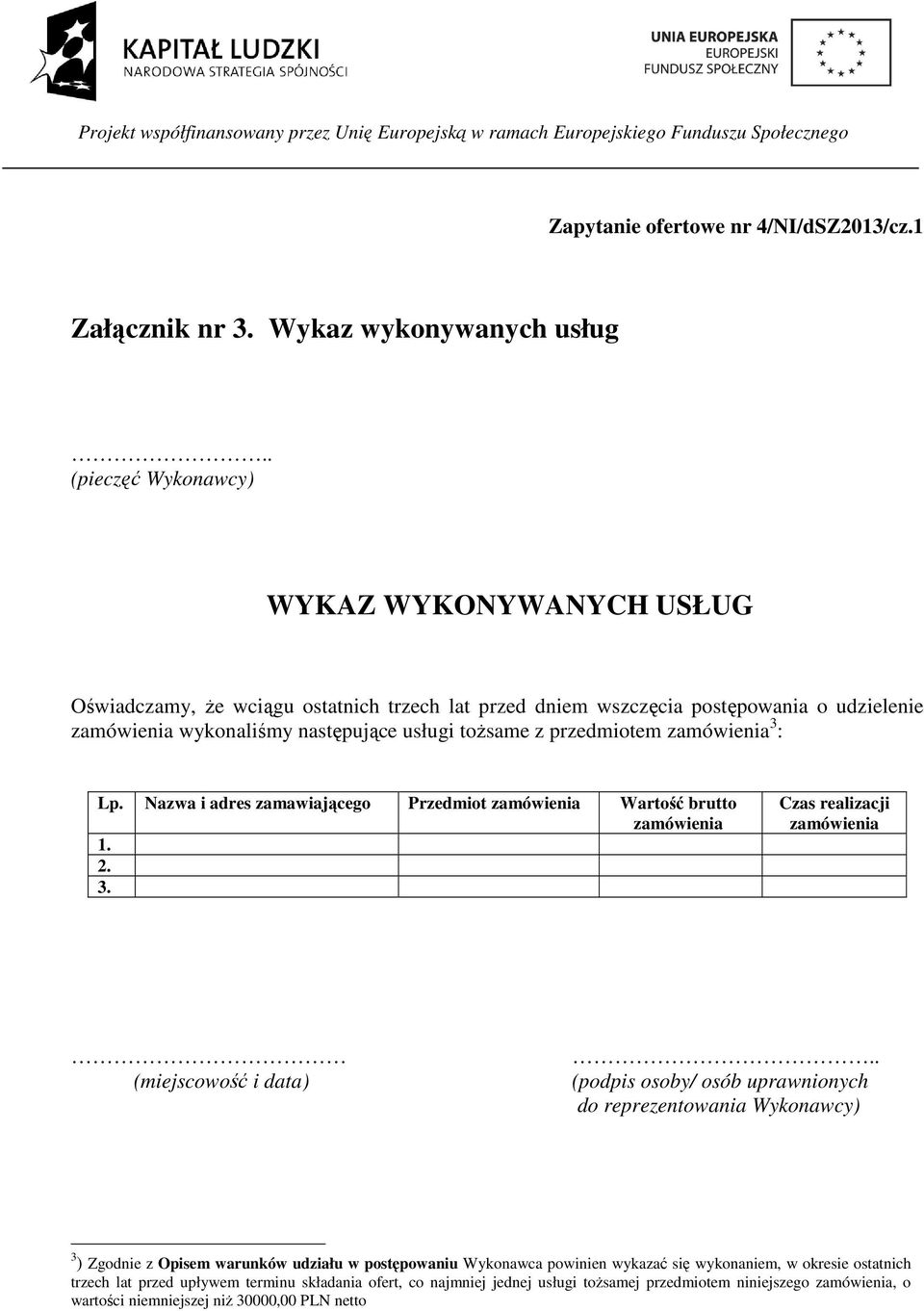 przedmiotem zamówienia 3 : Lp. Nazwa i adres zamawiającego Przedmiot zamówienia Wartość brutto zamówienia 1. 2. 3. Czas realizacji zamówienia (miejscowość i data).