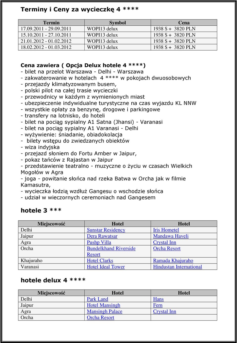 2012 WOPI13 delux 1938 $ + 3820 PLN Cena zawiera ( Opcja Delux hotele 4 ****) - bilet na przelot Warszawa - Delhi - Warszawa - zakwaterowanie w hotelach 4 **** w pokojach dwuosobowych - przejazdy