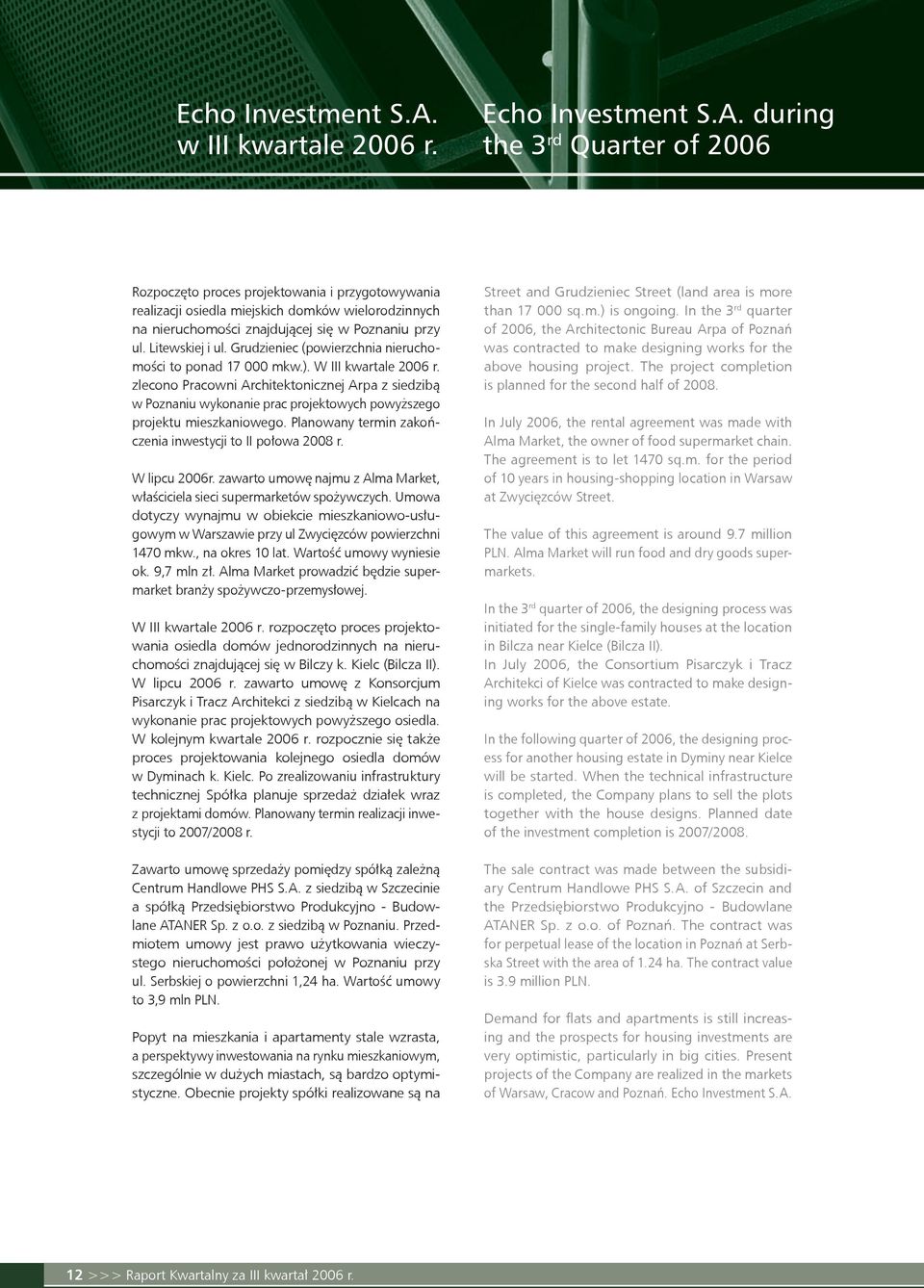 during the 3 rd Quarter of 2006 Rozpoczęto proces projektowania i przygotowywania realizacji osiedla miejskich domków wielorodzinnych na nieruchomości znajdującej się w Poznaniu przy ul.