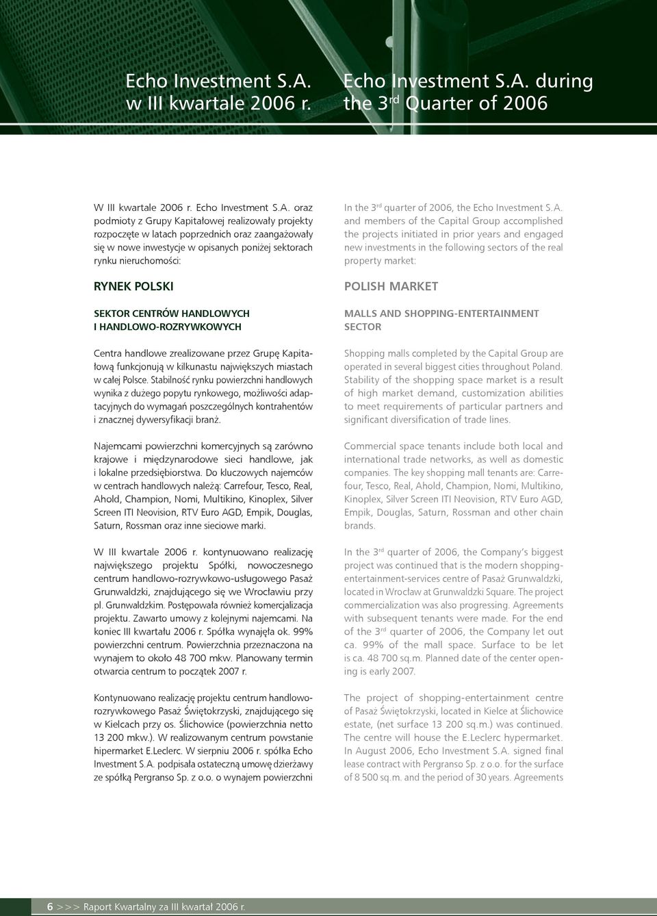 oraz podmioty z Grupy Kapitałowej realizowały projekty rozpoczęte w latach poprzednich oraz zaangażowały się w nowe inwestycje w opisanych poniżej sektorach rynku nieruchomości: Rynek polski SeKTOR