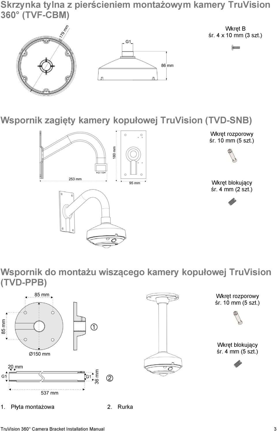 4 mm (2 szt.) Wspornik do montażu wiszącego kamery kopułowej TruVision (TVD-PPB) Wkręt rozporowy śr.