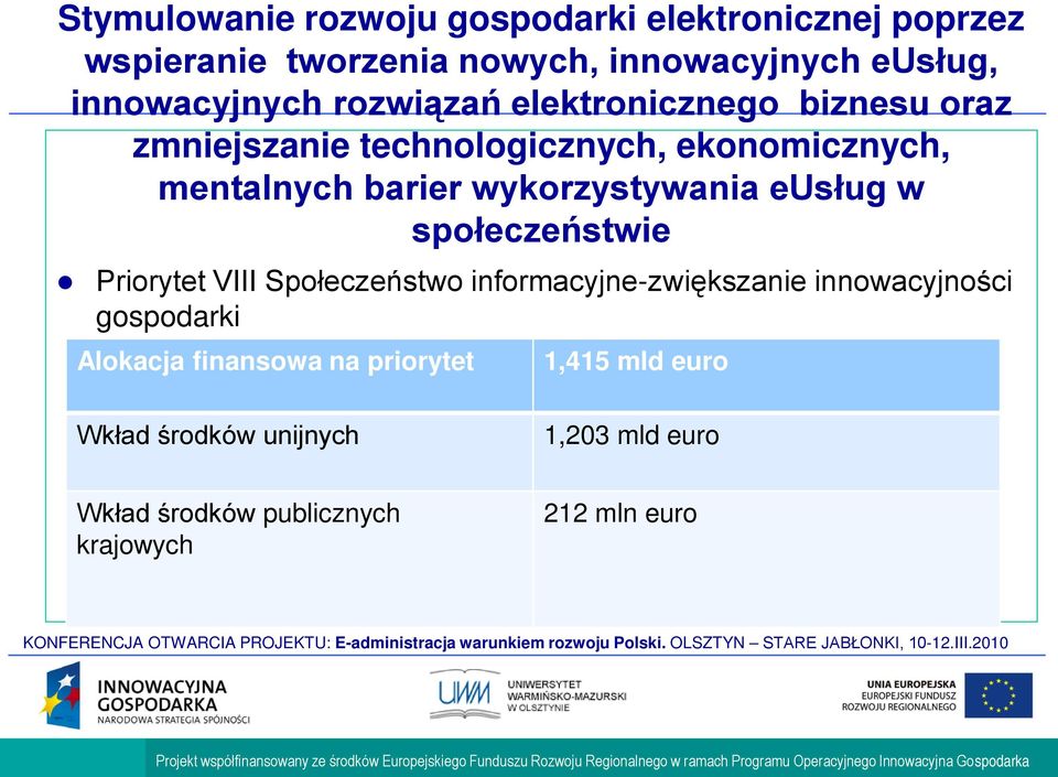 wykorzystywania eusług w społeczeństwie Priorytet VIII Społeczeństwo informacyjne-zwiększanie innowacyjności