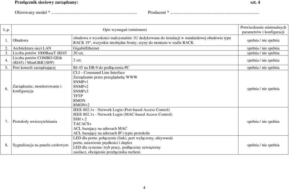 Architektura sieci LAN GigabitEthernet 3. Liczba portów 1000BaseT (RJ45 20 szt. 4. Liczba portów COMBO GEth (RJ45) / MiniGBIC(SFP) 2 szt. 5.