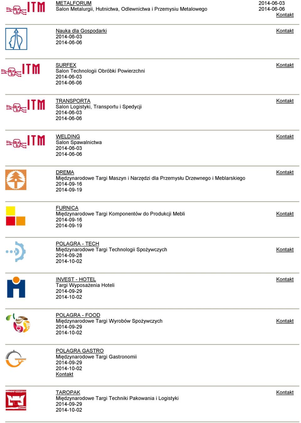 Komponentów do Produkcji Mebli 2014-09-16 2014-09-19 POLAGRA - TECH Międzynarodowe Targi Technologii Spożywczych 2014-09-28 INVEST - HOTEL Targi Wyposażenia Hoteli 2014-09-29
