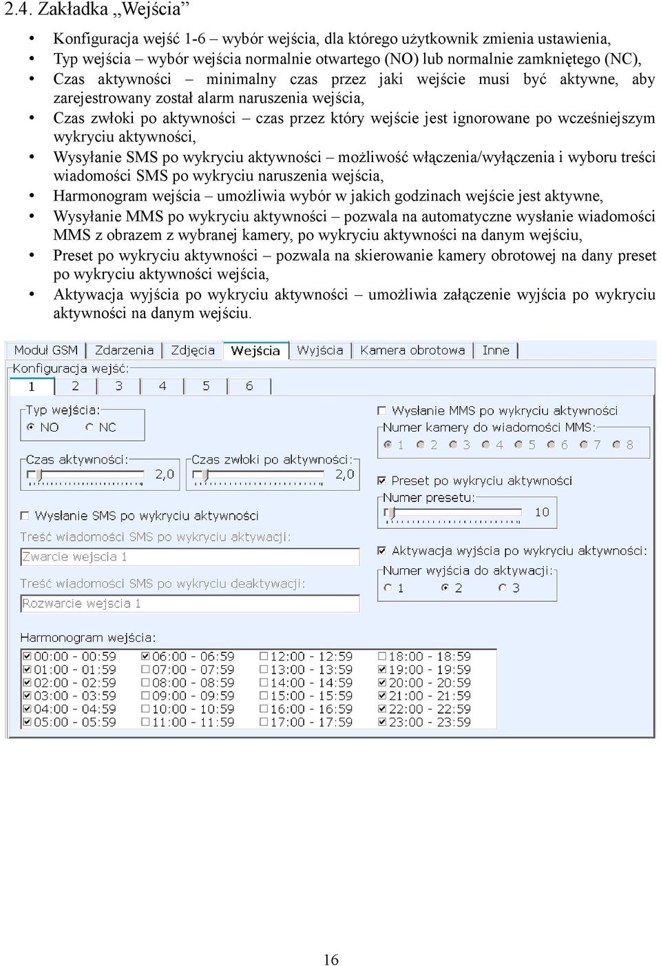 wykryciu aktywności, Wysyłanie SMS po wykryciu aktywności możliwość włączenia/wyłączenia i wyboru treści wiadomości SMS po wykryciu naruszenia wejścia, Harmonogram wejścia umożliwia wybór w jakich