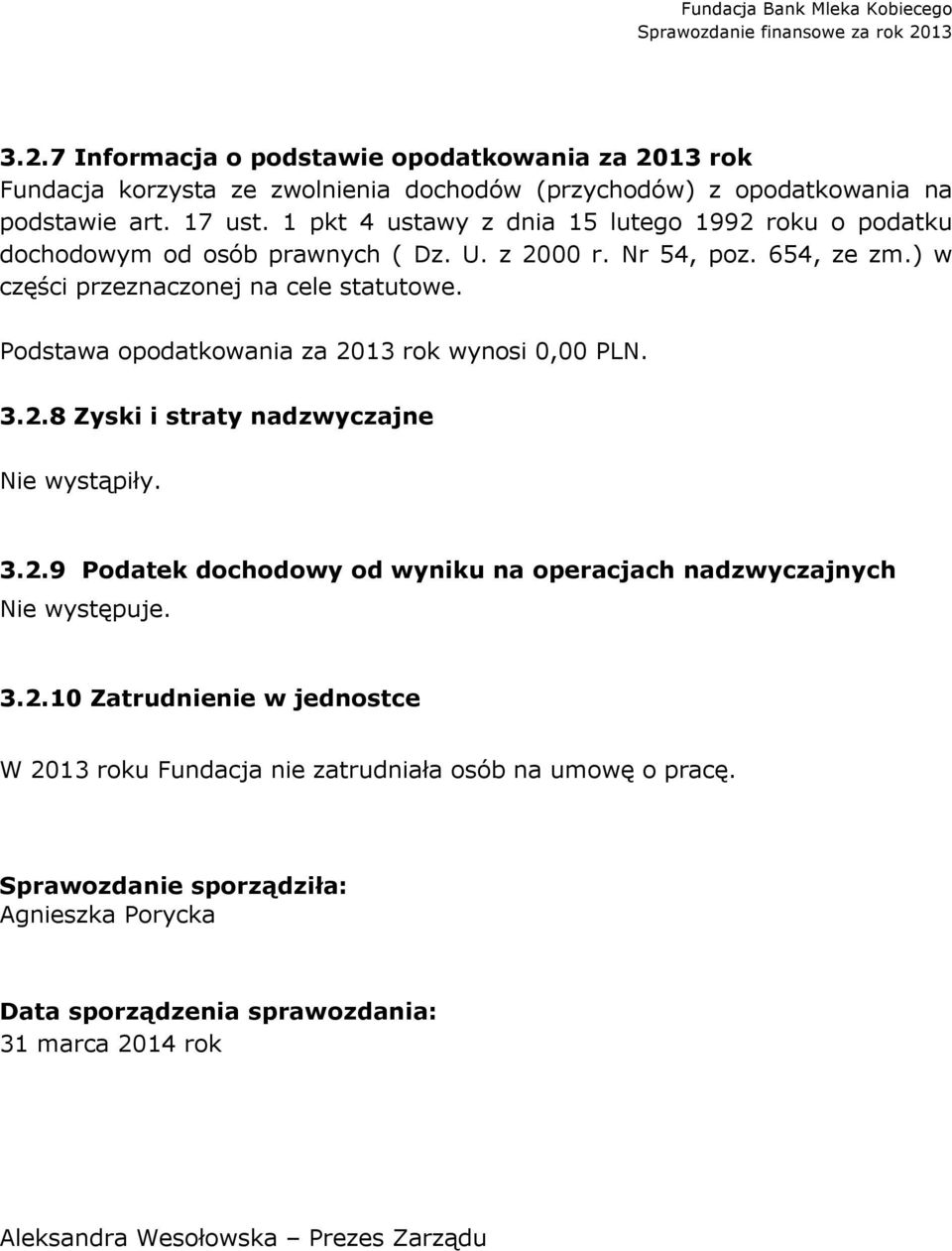 Podstawa opodatkowania za 2013 rok wynosi 0,00 PLN. 3.2.8 Zyski i straty nadzwyczajne Nie wystąpiły. 3.2.9 Podatek dochodowy od wyniku na operacjach nadzwyczajnych Nie występuje.