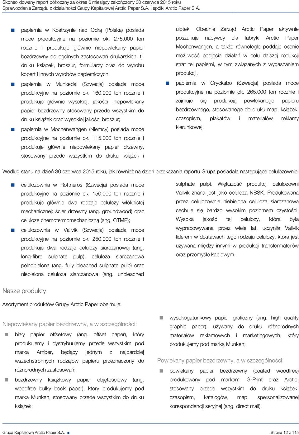 druku książek, broszur, formularzy oraz do wyrobu kopert i innych wyrobów papierniczych; papiernia w Munkedal (Szwecja) posiada moce produkcyjne na poziomie ok. 160.