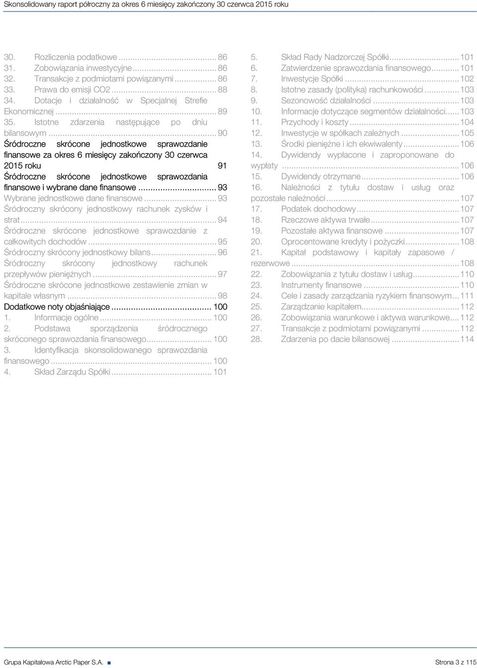 .. 90 Śródroczne skrócone jednostkowe sprawozdanie finansowe za okres 6 miesięcy zakończony 30 czerwca 2015 roku 91 Śródroczne skrócone jednostkowe sprawozdania finansowe i wybrane dane finansowe.