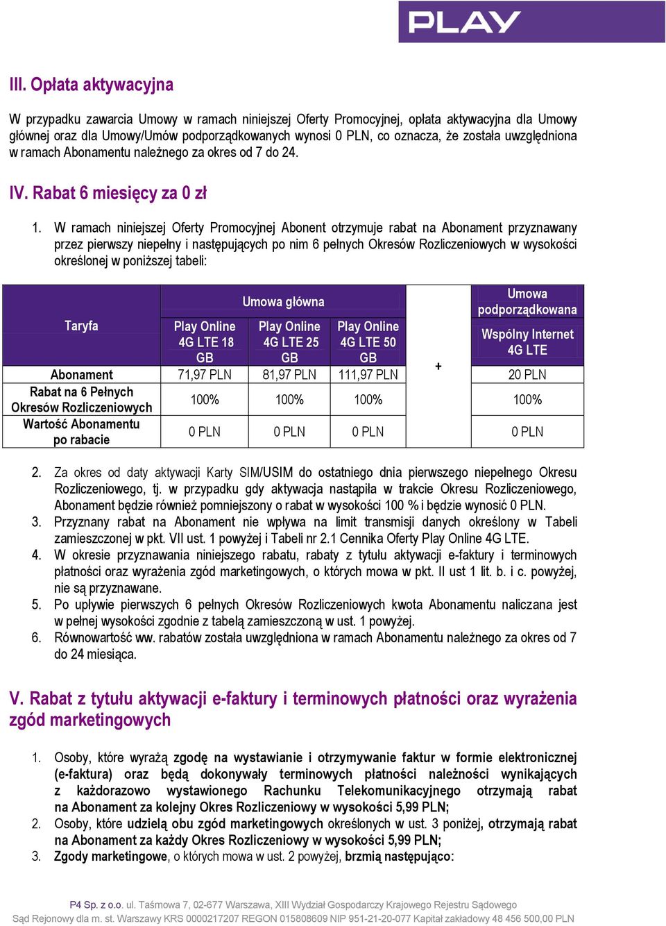 W ramach niniejszej Oferty Promocyjnej Abonent otrzymuje rabat na Abonament przyznawany przez pierwszy niepełny i następujących po nim 6 pełnych Okresów Rozliczeniowych w wysokości określonej w