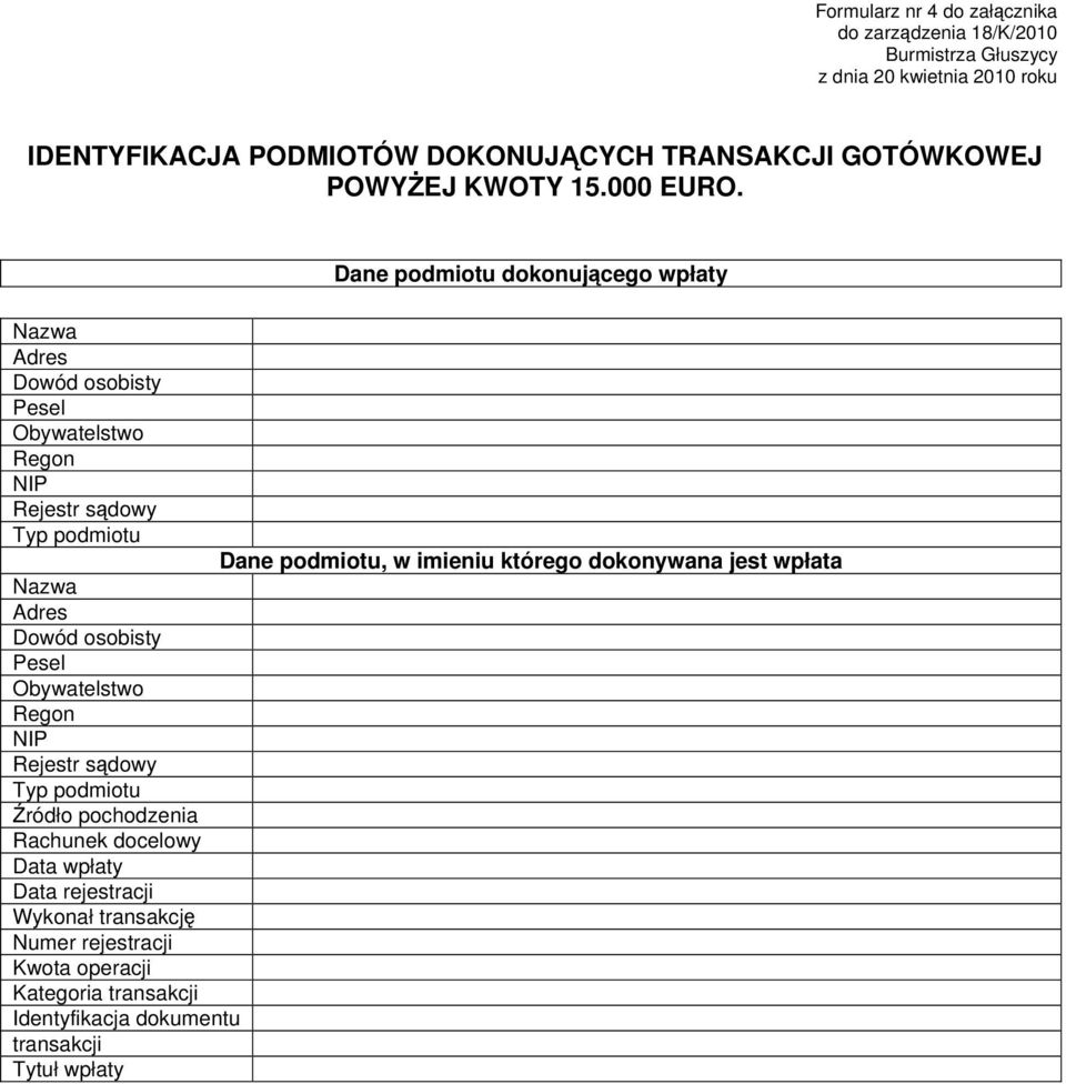 Rejestr sądowy Typ podmiotu Źródło pochodzenia Rachunek docelowy Data wpłaty Data rejestracji Wykonał transakcję Numer rejestracji Kwota operacji