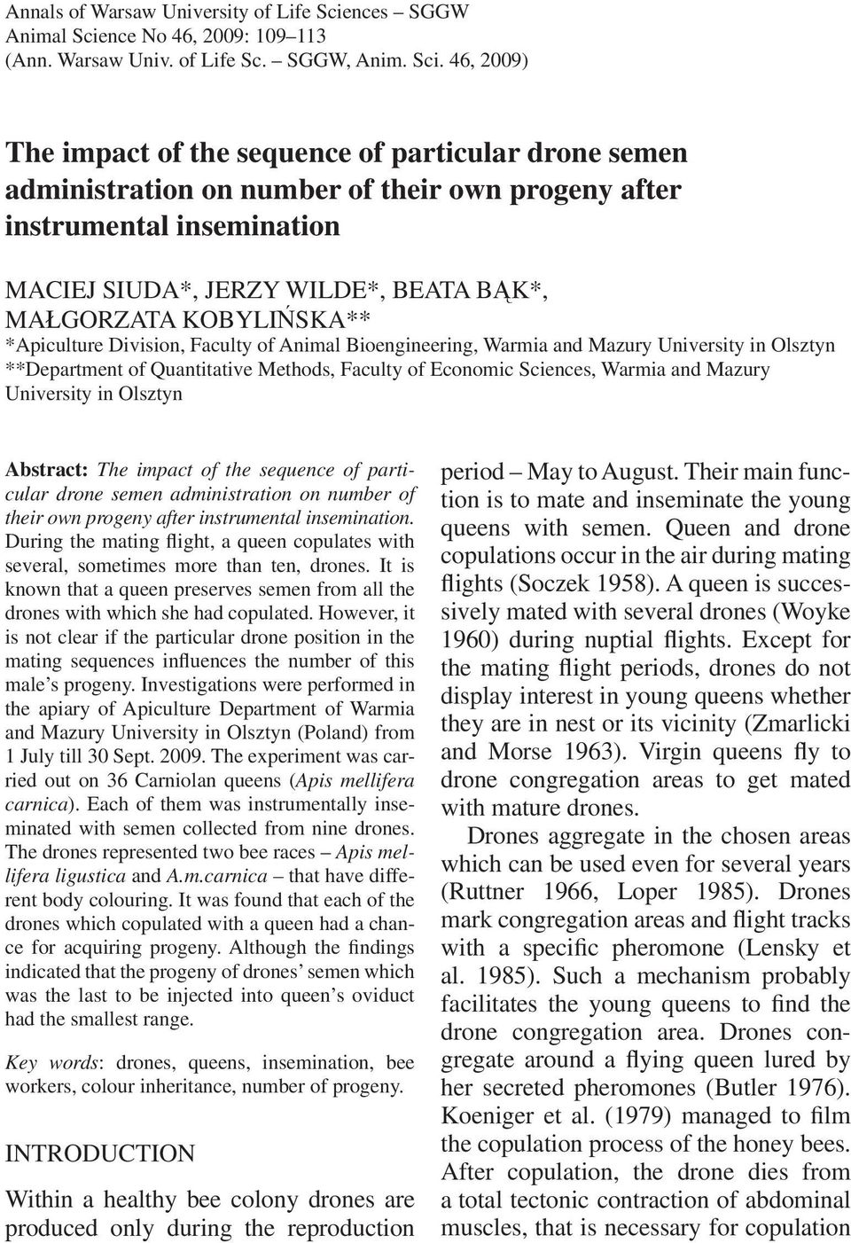 nce No 46, 2009: 109 113 (Ann. Warsaw Univ. of Life Sc. SGGW, Anim. Sci.
