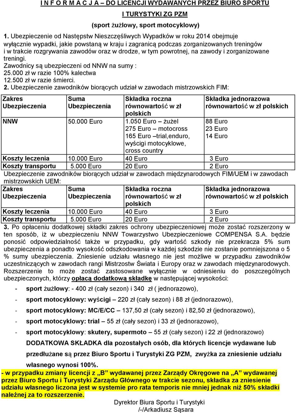 drodze, w tym powrotnej, na zawody i zorganizowane treningi. Zawodnicy są ubezpieczeni od NNW na sumy : 12.500 zł w razie śmierci. 2.