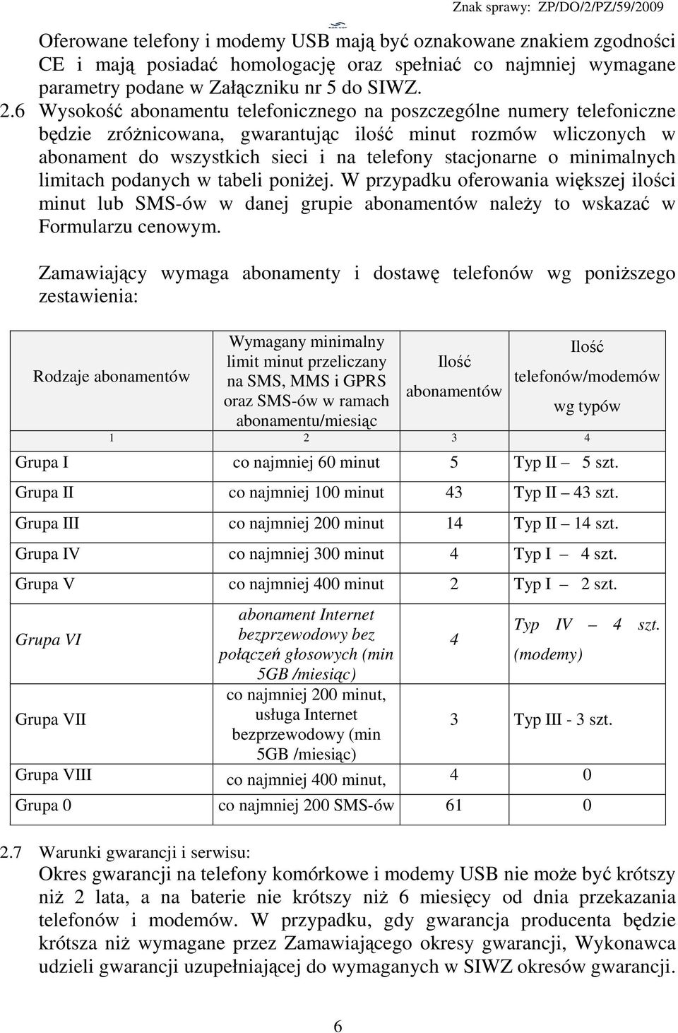 minimalnych limitach podanych w tabeli poniżej. W przypadku oferowania większej ilości minut lub SMS-ów w danej grupie abonamentów należy to wskazać w Formularzu cenowym.