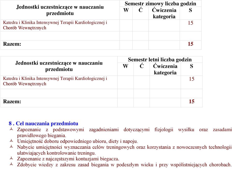 Cel nauczania przedmiotu Zapoznanie z podstawowymi zagadnieniami dotyczącymi fizjologii wysiłku oraz zasadami prawidłowego biegania. Umiejętność doboru odpowiedniego ubioru, diety i napoju.