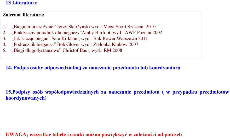 : Buk Rower Warszawa 2011 Podręcznik biegacza Bob Glover wyd.: Zielonka Kraków 2007 Biegi długodystansowe Christof Baur, wyd.: RM 2008 14.