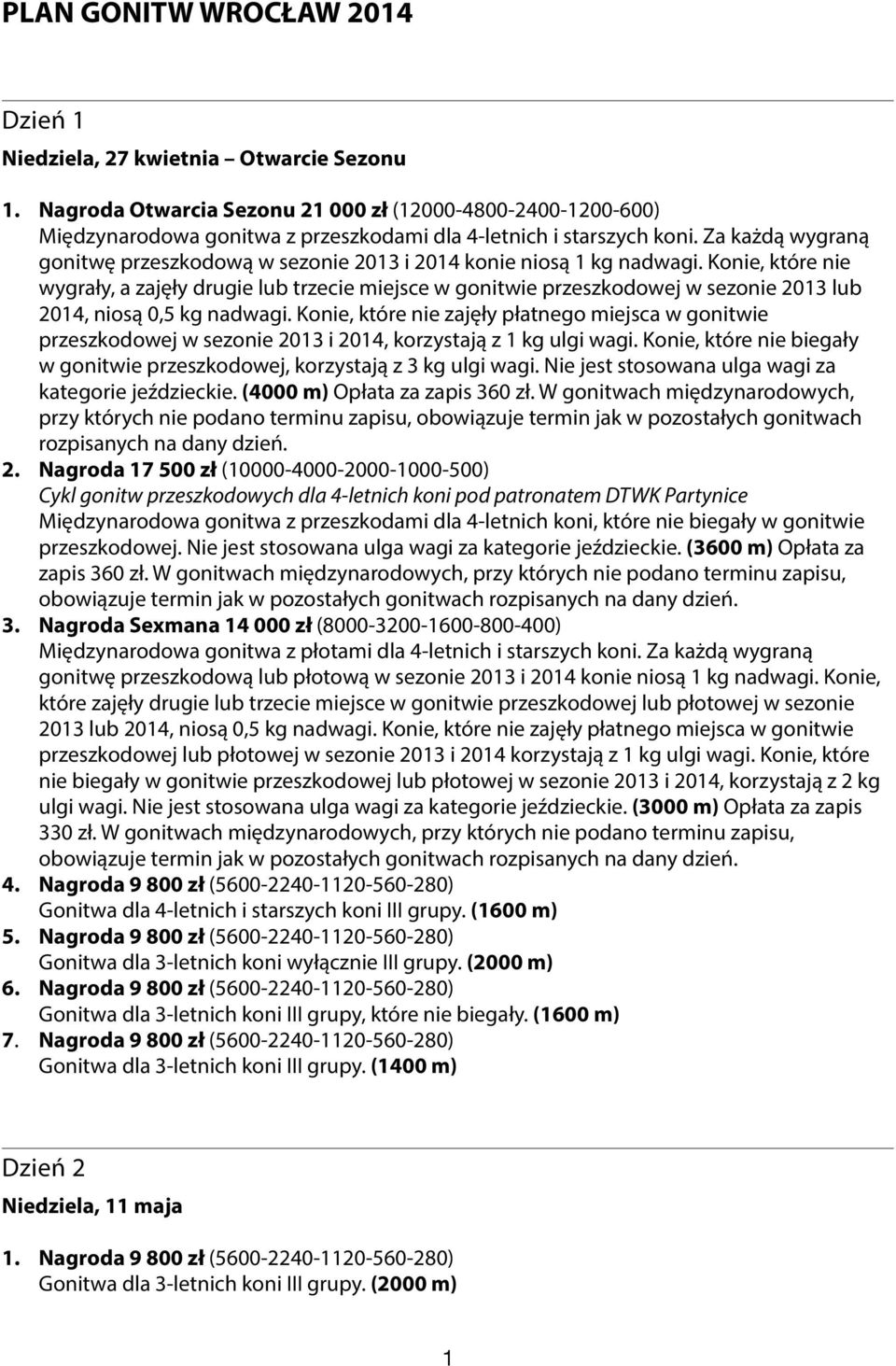 Za każdą wygraną gonitwę przeszkodową w sezonie 2013 i 2014 konie niosą 1 kg nadwagi.