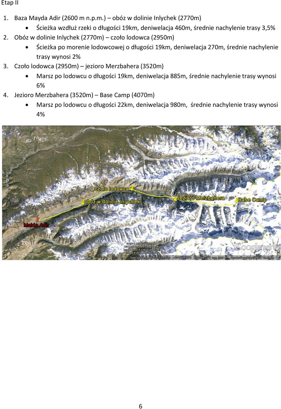 Obóz w dolinie Inlychek (2770m) czoło lodowca (2950m) Ścieżka po morenie lodowcowej o długości 19km, deniwelacja 270m, średnie nachylenie trasy