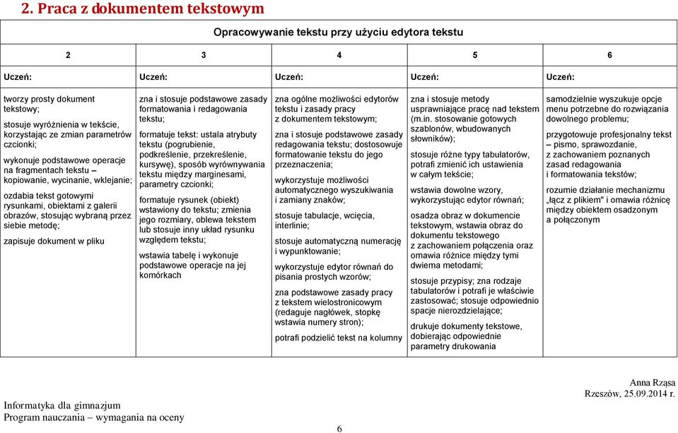 pliku zna i stosuje podstawowe zasady formatowania i redagowania tekstu; formatuje tekst: ustala atrybuty tekstu (pogrubienie, podkreślenie, przekreślenie, kursywę), sposób wyrównywania tekstu między