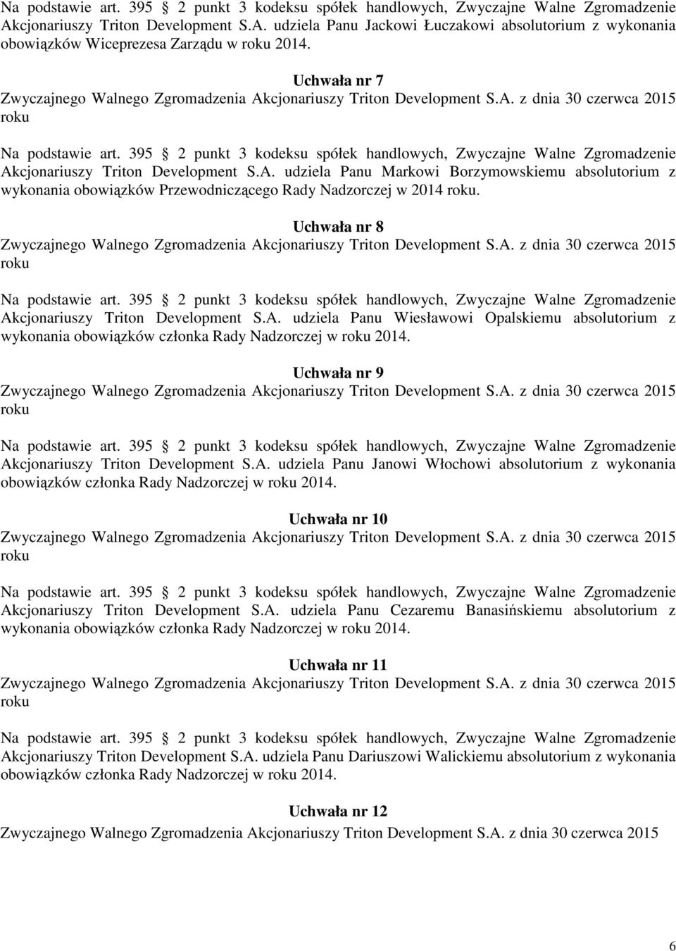 Uchwała nr 9 Akcjonariuszy Triton Development S.A. udziela Panu Janowi Włochowi absolutorium z wykonania obowiązków członka Rady Nadzorczej w 2014. Uchwała nr 10 Akcjonariuszy Triton Development S.A. udziela Panu Cezaremu Banasińskiemu absolutorium z wykonania obowiązków członka Rady Nadzorczej w 2014.