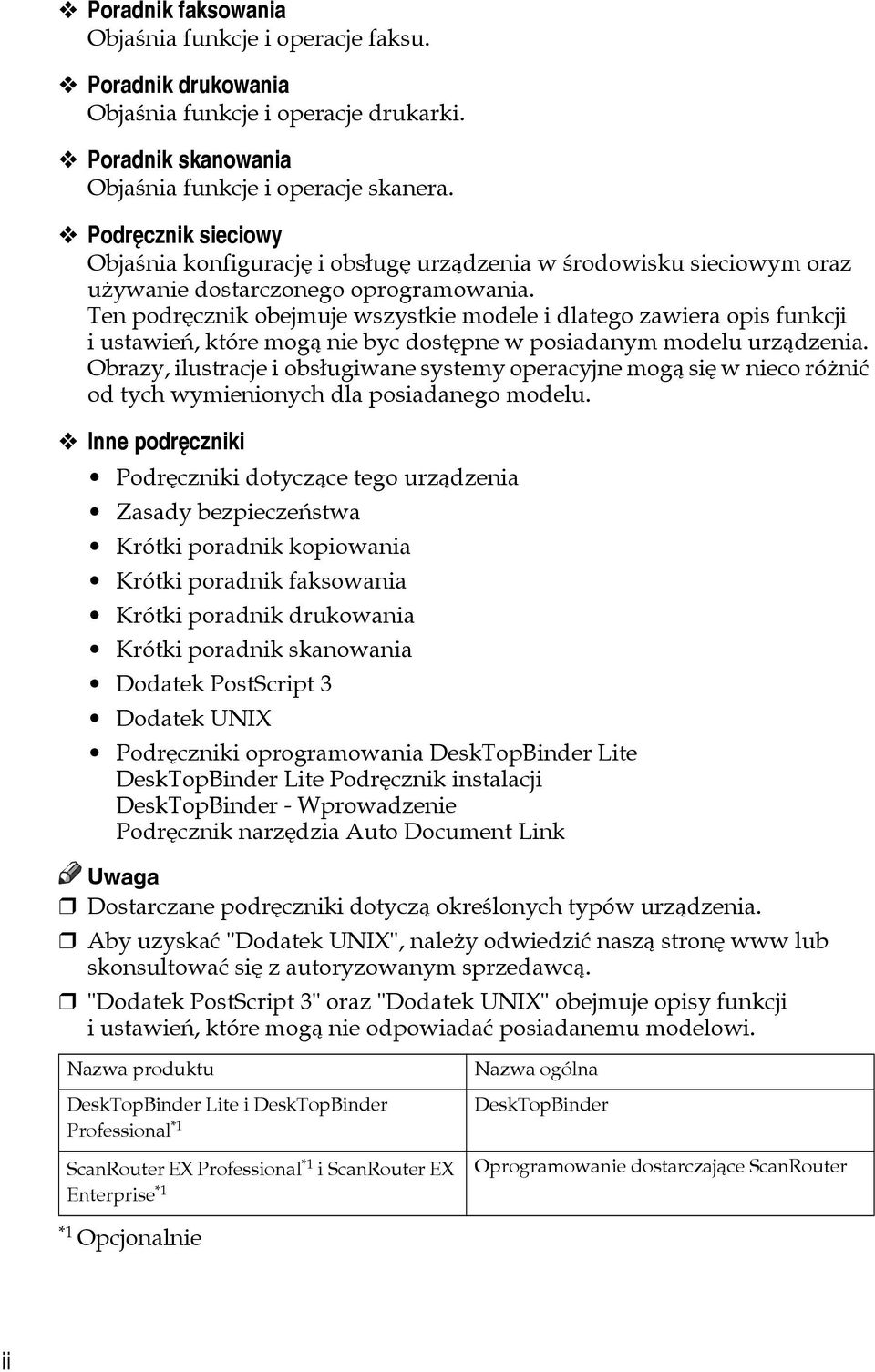 Ten podrêcznik obejmuje wszystkie modele i dlatego zawiera opis funkcji i ustawieñ, które mogà nie byc dostêpne w posiadanym modelu urzàdzenia.
