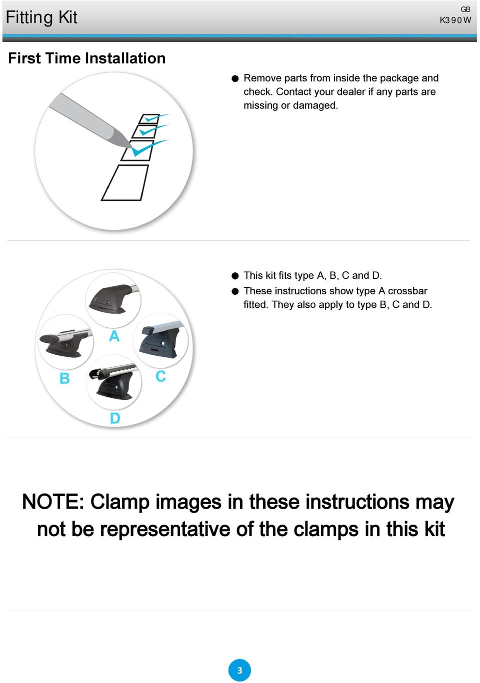 This kit fits type A, B, C and D. These instructions show type A crossbar fitted.
