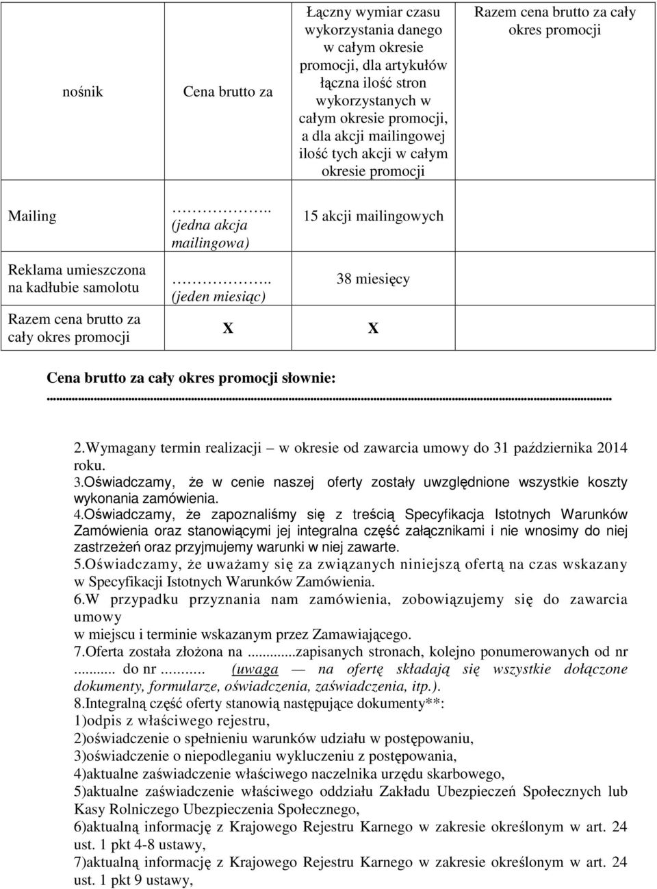 . (jedna akcja mailingowa) 15 akcji mailingowych Reklama umieszczona na kadłubie samolotu Razem cena brutto za cały okres promocji.