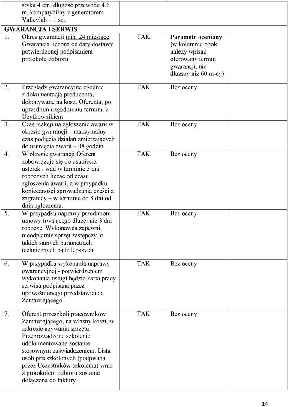 Przeglądy gwarancyjne zgodnie z dokumentacją producenta, dokonywane na koszt Oferenta, po uprzednim uzgodnieniu terminu z Użytkownikiem 3.
