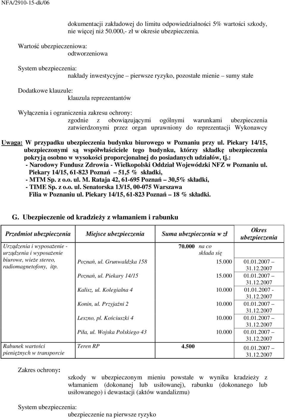 ogólnymi warunkami ubezpieczenia zatwierdzonymi przez organ uprawniony do reprezentacji Wykonawcy Uwaga: W przypadku ubezpieczenia budynku biurowego w Poznaniu przy ul.