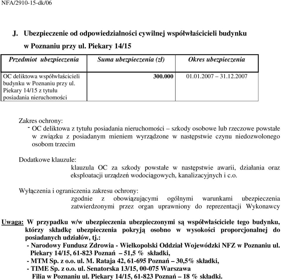 01.2007 Zakres ochrony: OC deliktowa z tytułu posiadania nieruchomości szkody osobowe lub rzeczowe powstałe w związku z posiadanym mieniem wyrządzone w następstwie czynu niedozwolonego osobom trzecim