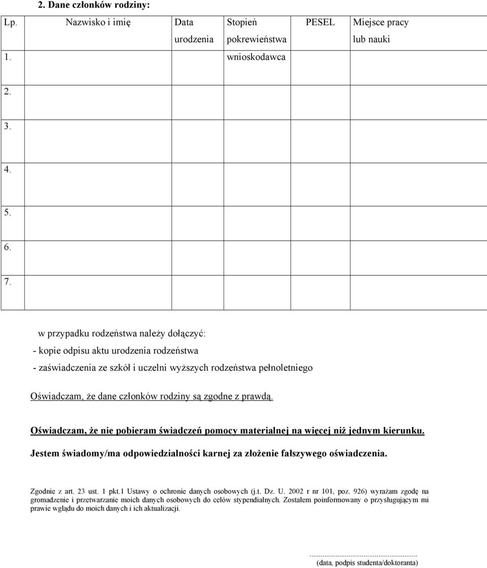 prawdą. Oświadczam, że nie pobieram świadczeń pomocy materialnej na więcej niż jednym kierunku. Jestem świadomy/ma odpowiedzialności karnej za złożenie fałszywego oświadczenia. Zgodnie z art. 23 ust.