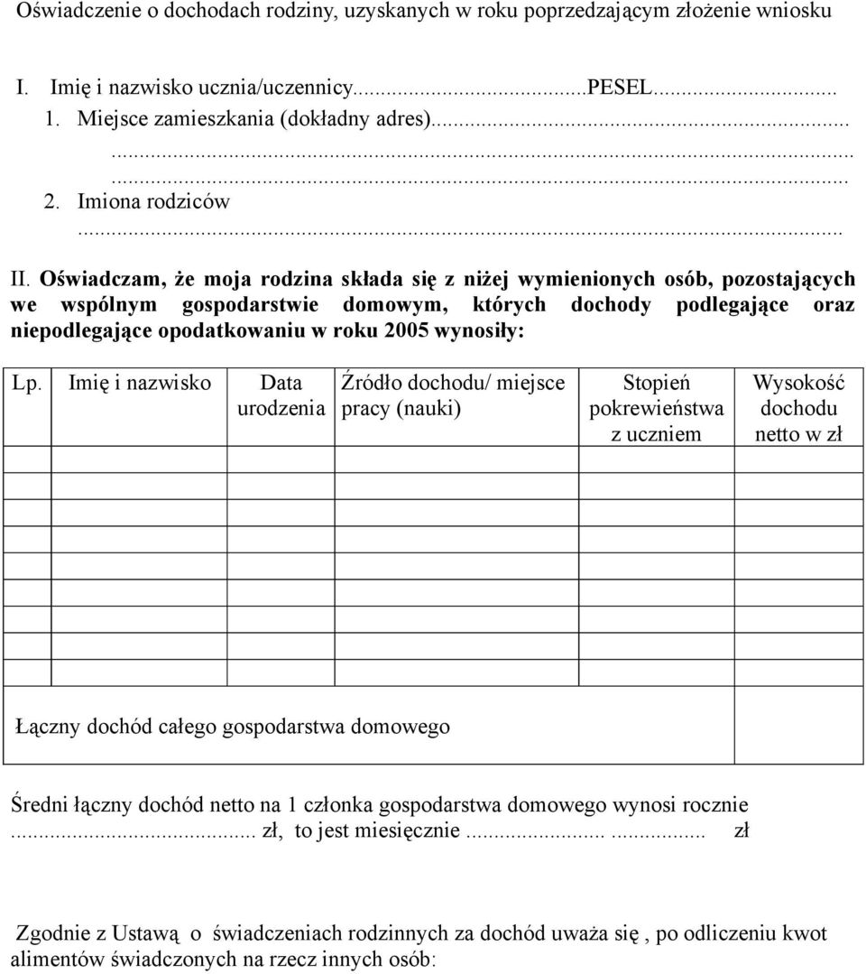 Oświadczam, że moja rodzina składa się z niżej wymienionych osób, pozostających we wspólnym gospodarstwie domowym, których dochody podlegające oraz niepodlegające opodatkowaniu w roku 2005 wynosiły: