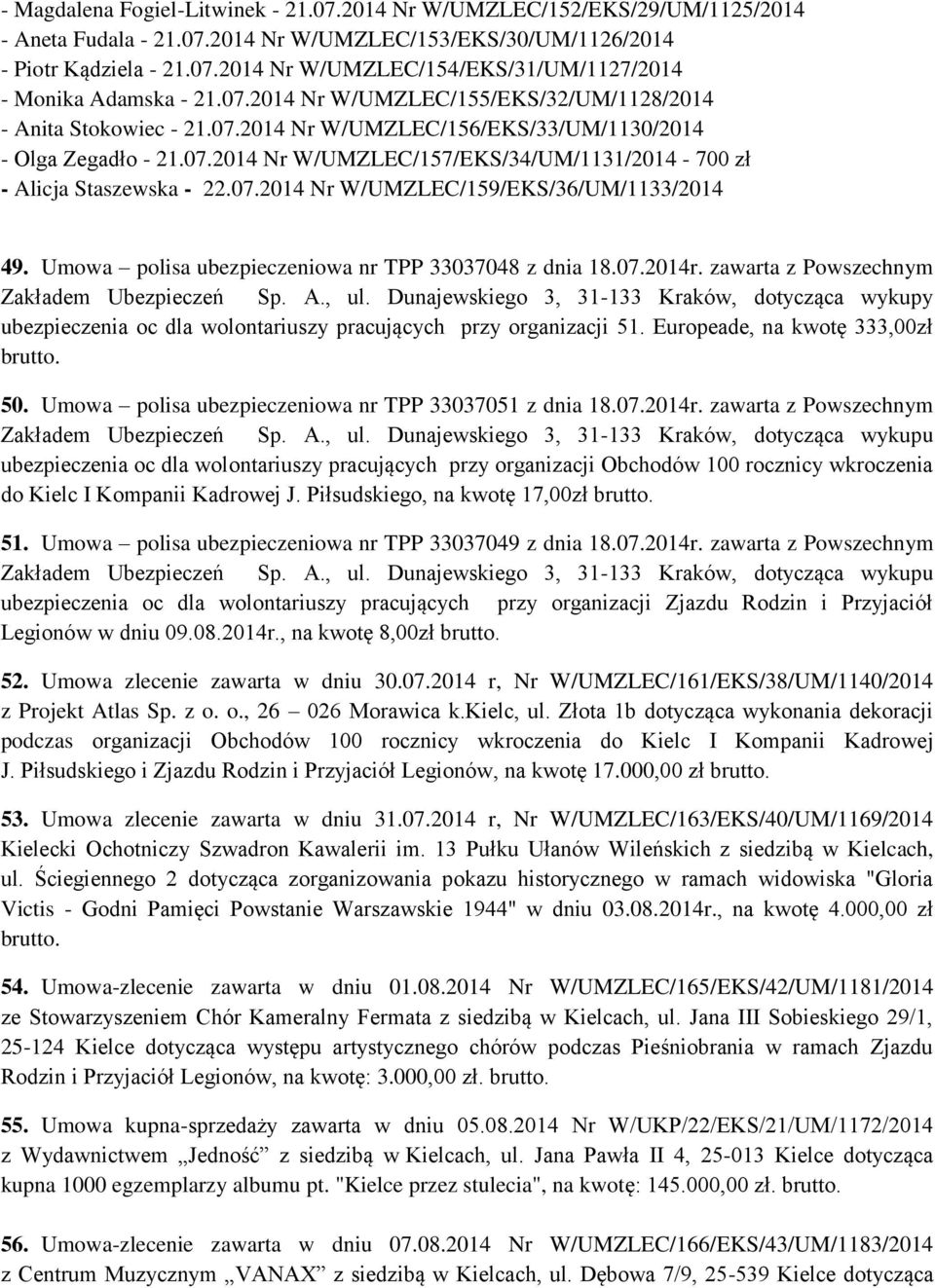 07.2014 Nr W/UMZLEC/159/EKS/36/UM/1133/2014 49. Umowa polisa ubezpieczeniowa nr TPP 33037048 z dnia 18.07.2014r. zawarta z Powszechnym Zakładem Ubezpieczeń Sp. A., ul.