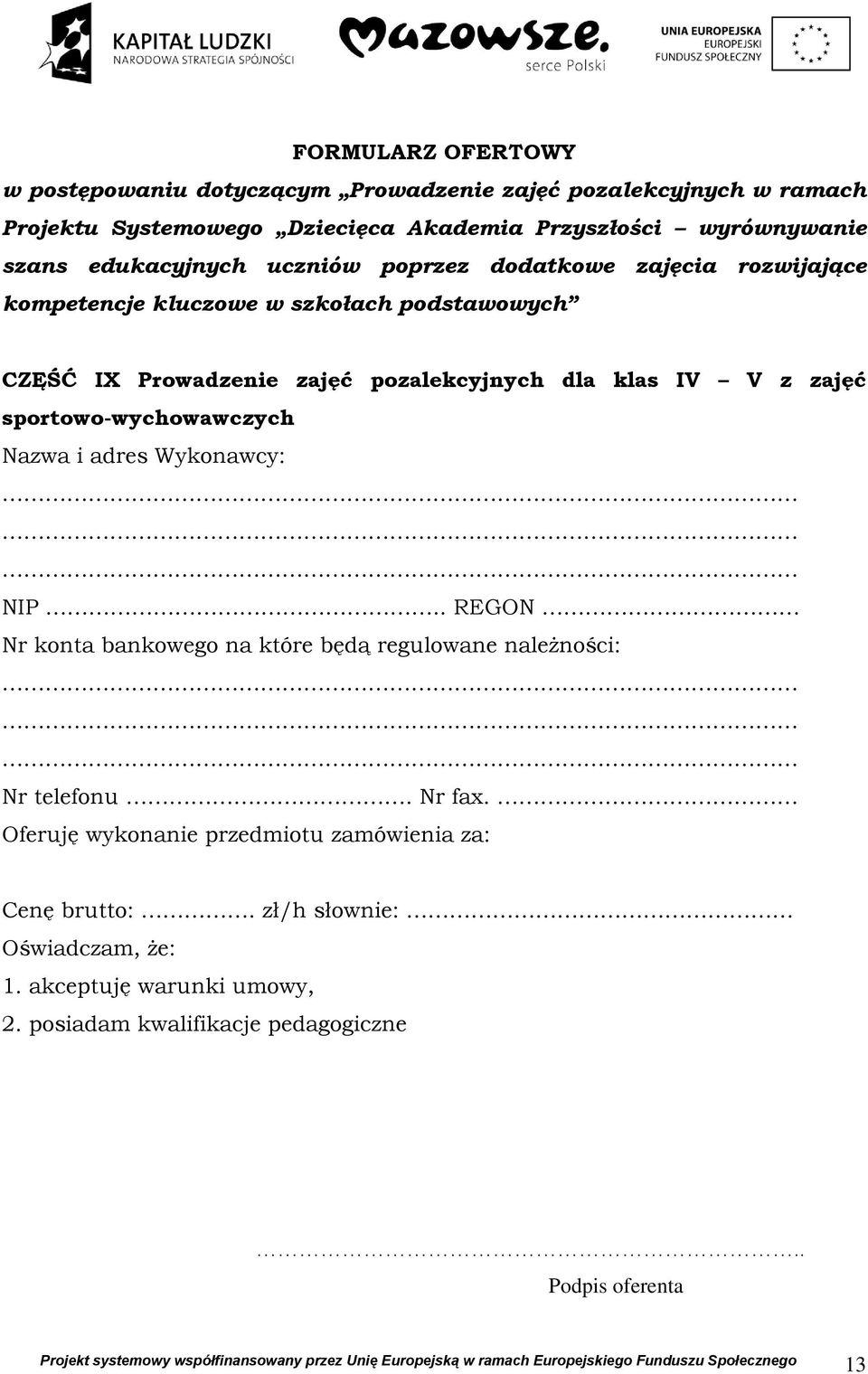 dla klas IV V z zajęć