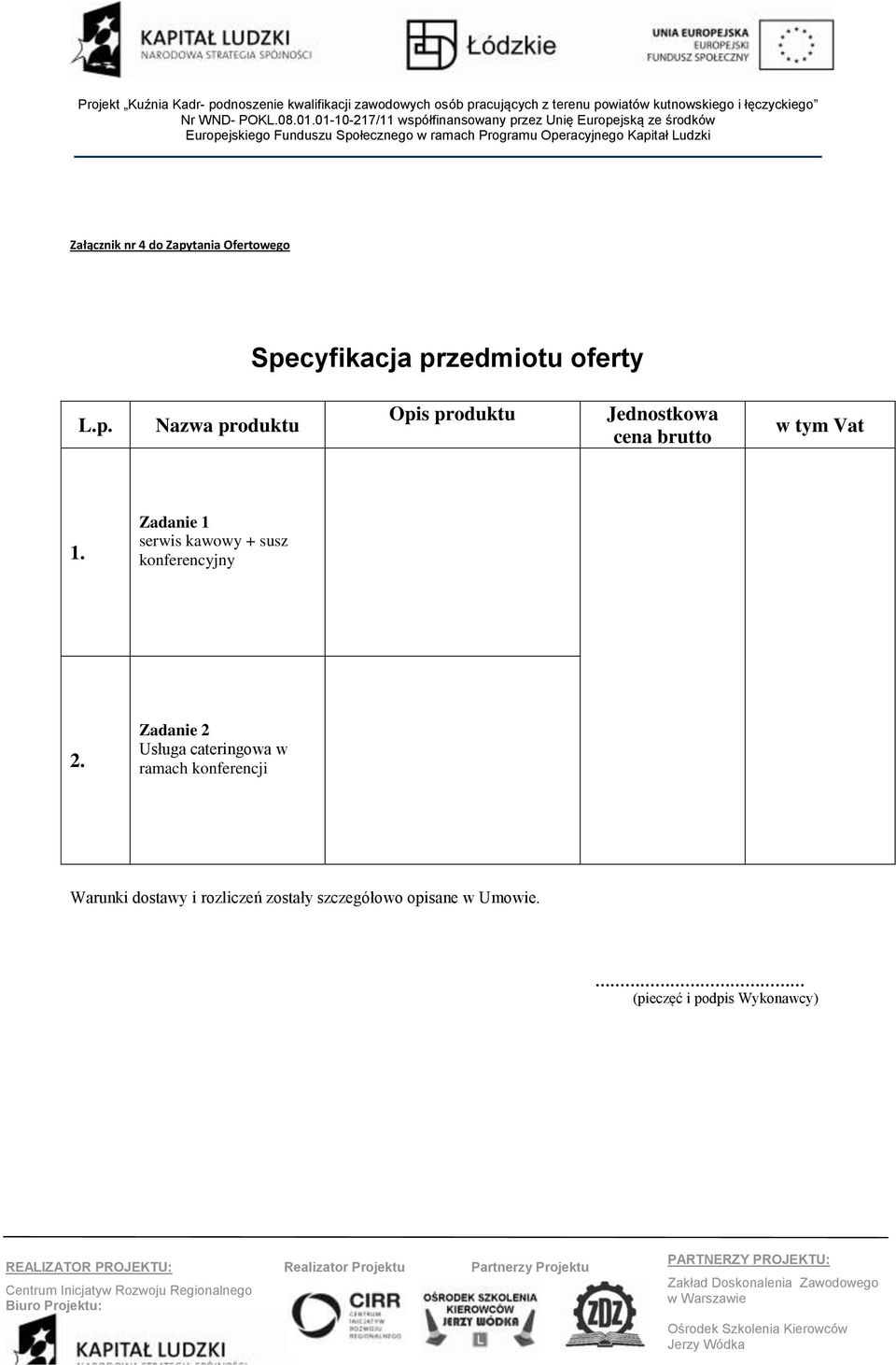 cyfikacja przedmiotu oferty L.p. Nazwa produktu Opis produktu Jednostkowa cena brutto w tym Vat 1.