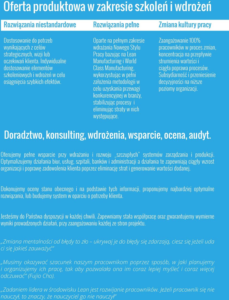 Rozwiązania pełne Oparte na pełnym zakresie wdrażania Nowego Stylu Pracy bazując na Lean Manufacturing i World Class Manufacturing, wykorzystując w pełni założenia metodologii w celu uzyskania