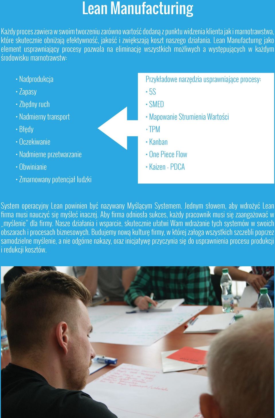 Lean Manufacturng jako element usprawniający procesy pozwala na eliminację wszystkich możliwych a występujących w każdym środowisku marnotrawstw: Nadprodukcja Zapasy Zbędny ruch Nadmierny transport