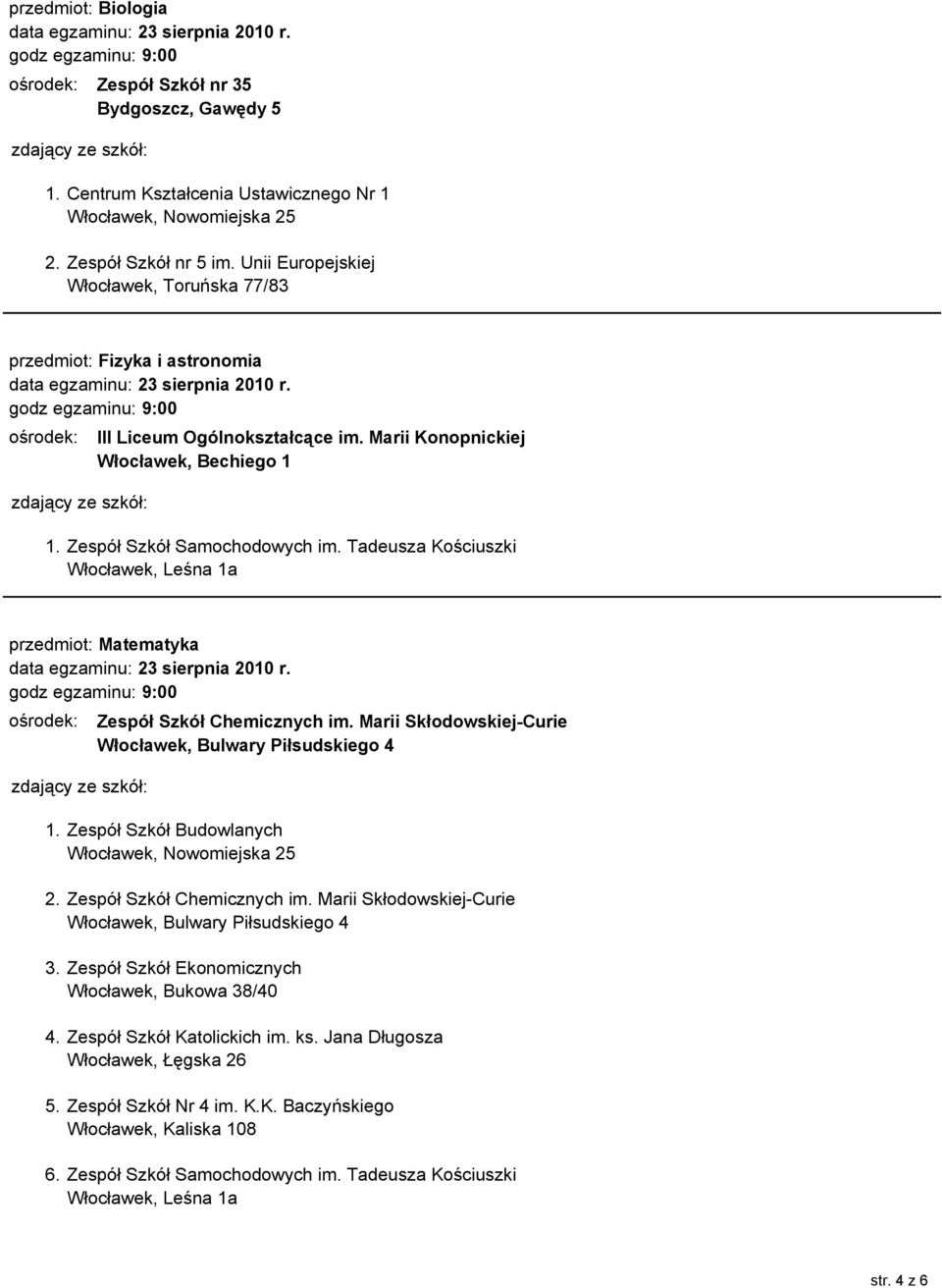 Marii Skłodowskiej-Curie 1. Zespół Szkół Budowlanych 2. Zespół Szkół Chemicznych im. Marii Skłodowskiej-Curie 3. Zespół Szkół Ekonomicznych Włocławek, Bukowa 38/40 4.