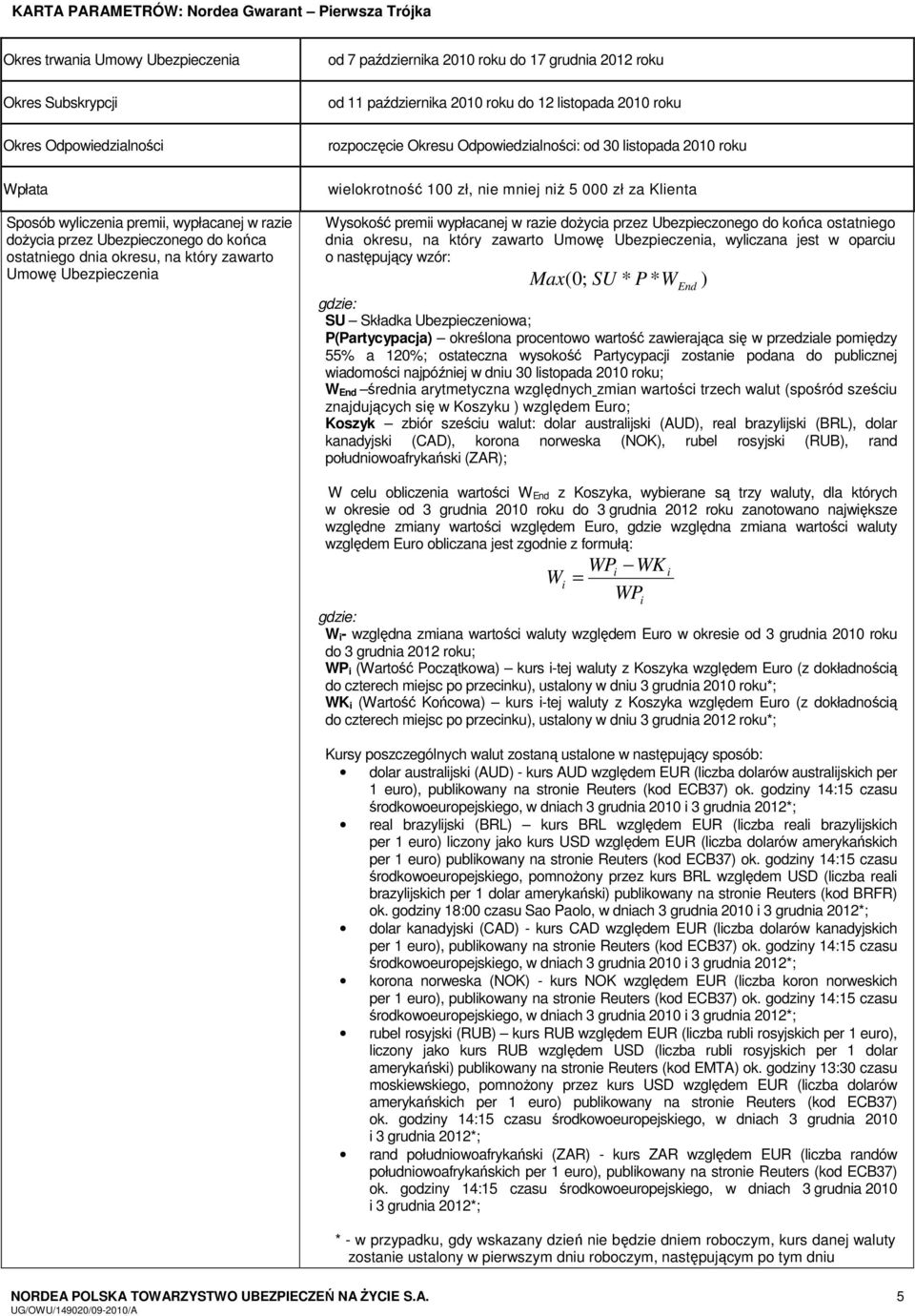 rozpoczęcie Okresu Odpowiedzialności: od 30 listopada 2010 roku wielokrotność 100 zł, nie mniej niż 5 000 zł za Klienta Wysokość premii wypłacanej w razie dożycia przez Ubezpieczonego do końca
