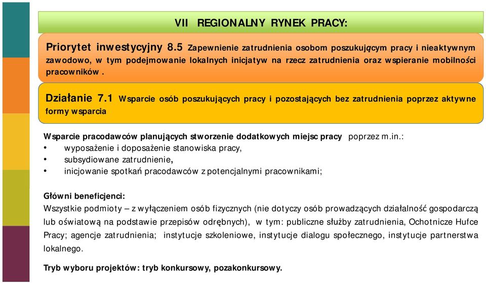 1 Wsparcie osób poszukuj cych pracy i pozostaj cych bez zatrudnienia poprzez aktywne formy wsparcia Wsparcie pracodawców planuj cych stworzenie dodatkowych miejsc pracy poprzez m.in.