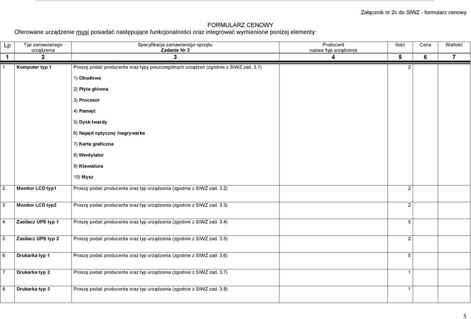 4 5 6 7 Kmputer typ Prszę pdać prducenta raz typy pszczególnych urządzeń (zgdnie z SIWZ zad. 3.