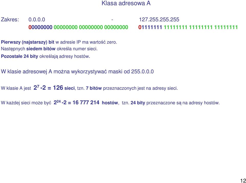 wartość zero. Następnych siedem bitów określa numer sieci. Pozostałe 24 bity określają adresy hostów.