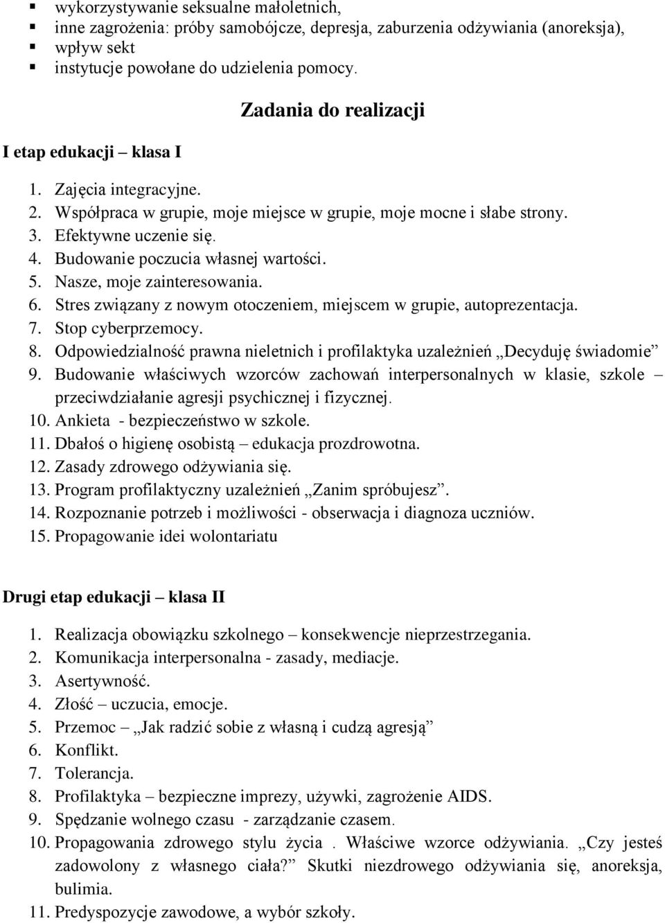 Budowanie poczucia własnej wartości. 5. Nasze, moje zainteresowania. 6. Stres związany z nowym otoczeniem, miejscem w grupie, autoprezentacja. 7. Stop cyberprzemocy. 8.