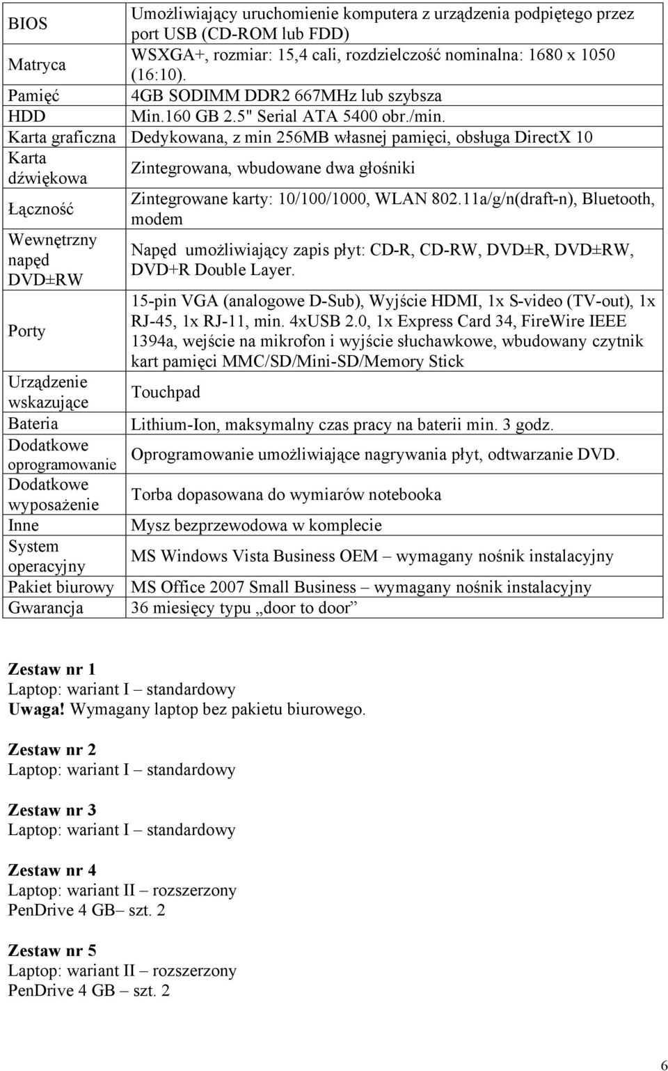 Karta graficzna Dedykowana, z min 256MB własnej pamięci, obsługa DirectX 10 Karta dźwiękowa Zintegrowana, wbudowane dwa głośniki Łączność Wewnętrzny napęd DVD±RW Porty Zintegrowane karty: