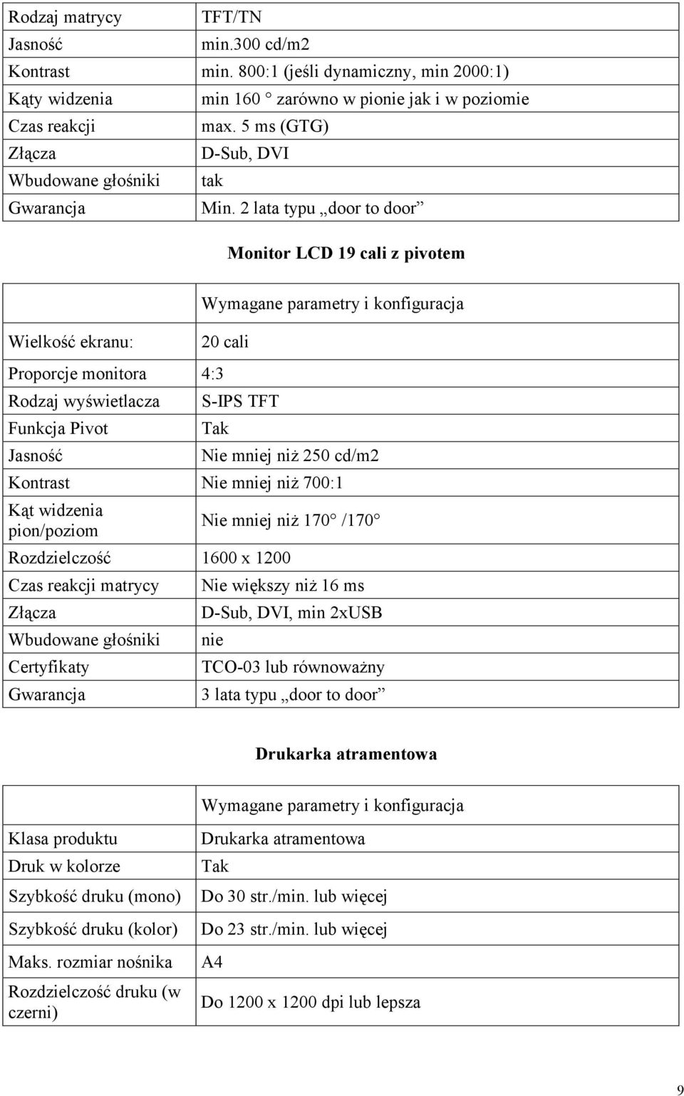 2 lata typu door to door Monitor LCD 19 cali z pivotem Wielkość ekranu: Proporcje monitora 4:3 Rodzaj wyświetlacza Funkcja Pivot Jasność 20 cali S IPS TFT Tak Nie mniej niż 250 cd/m2 Kontrast Nie