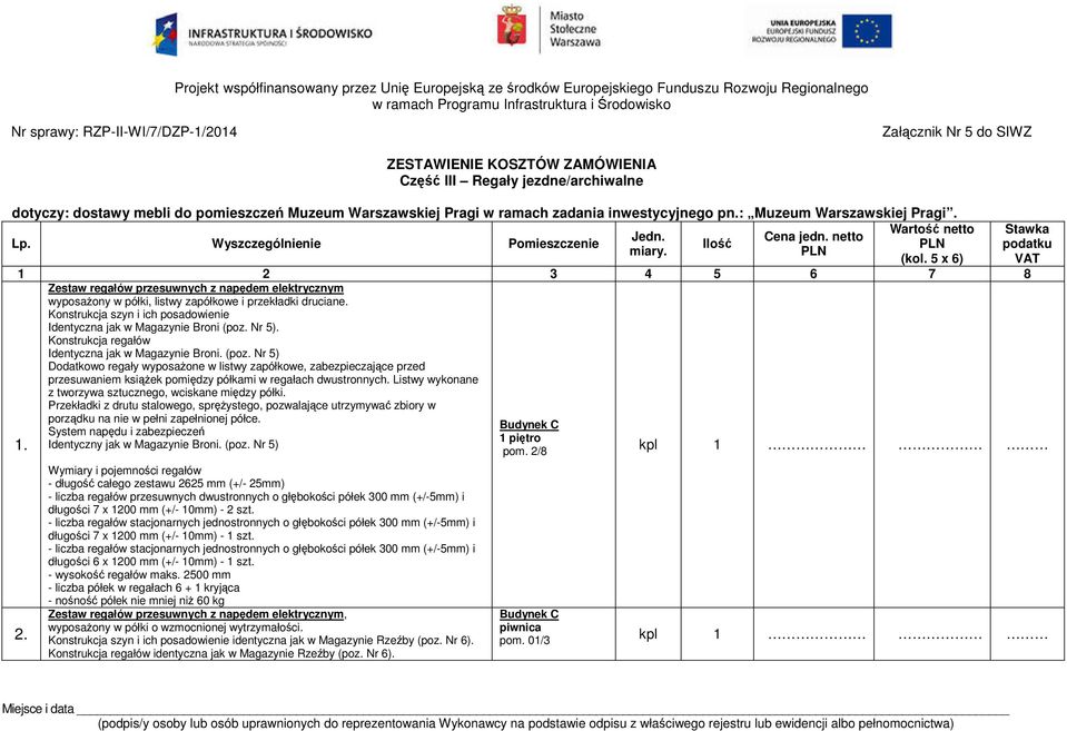 Warto netto Jedn. Cena jedn. netto Lp. Wyszczególnienie Pomieszczenie Ilo PLN miary. PLN (kol. 5 x 6) 1.