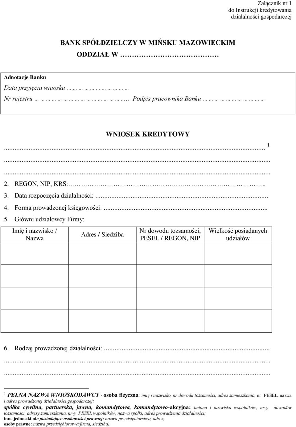 Główni udziałowcy Firmy: Imię i nazwisko / Nazwa Adres / Siedziba Nr dowodu tożsamości, PESEL / REGON, NIP Wielkość posiadanych udziałów 6. Rodzaj prowadzonej działalności:.