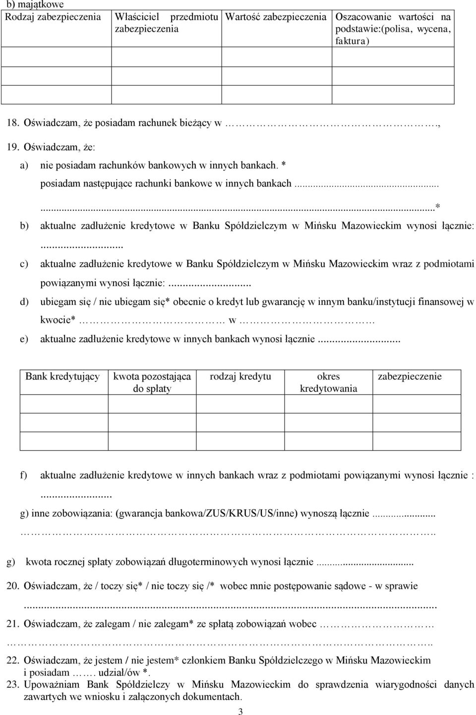 .....* b) aktualne zadłużenie kredytowe w Banku Spółdzielczym w Mińsku Mazowieckim wynosi łącznie:.