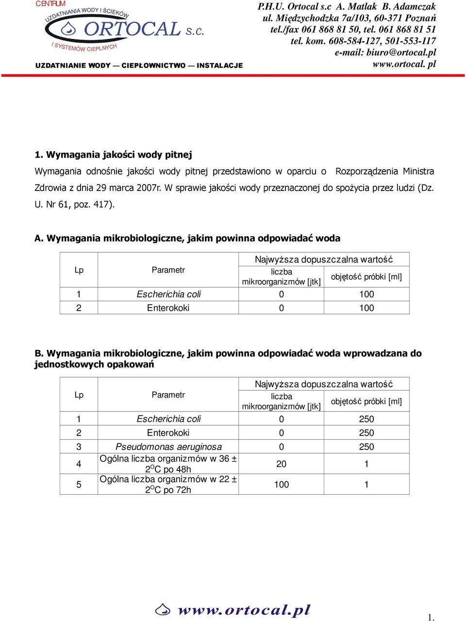 Wymagania jakości wody pitnej Wymagania odnośnie jakości wody pitnej przedstawiono w oparciu o Rozporządzenia Ministra Zdrowia z dnia 29 marca 2007r.